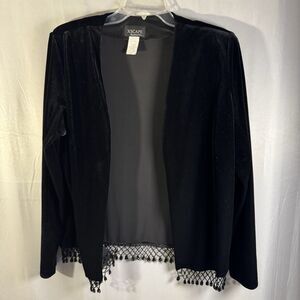 Vintage Xscape Black Velvet Jacket XL Made in USA Beaded Hem Open Front Holiday